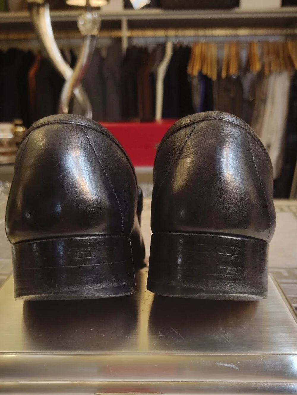 Vintage 1950's Gucci Black Leather Horsebit Loafers with Red Stripe Size 42